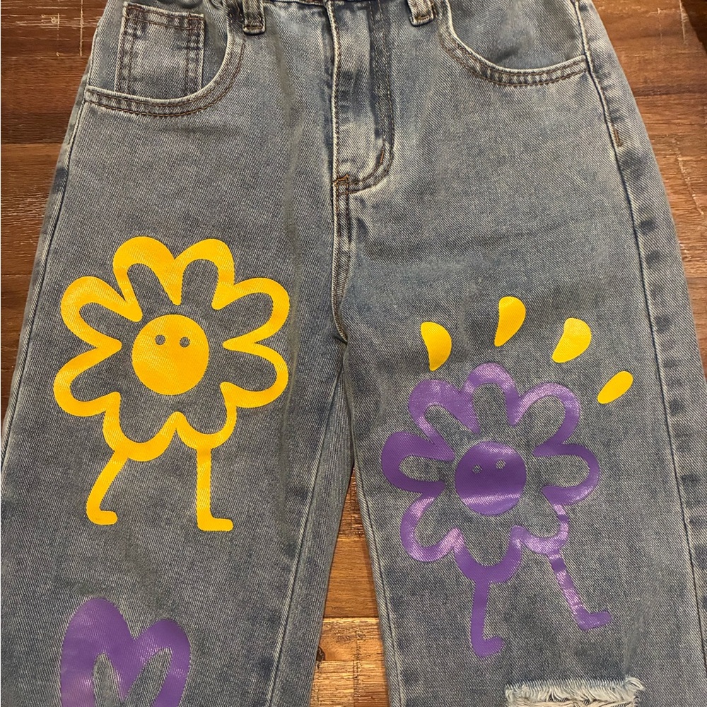 SHEIN Kids Denim Jeans with Yellow and Purple Floral Design